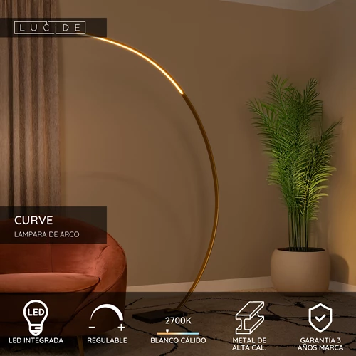 Lucide CURVE - Lámpara de arco - LED Regul. - 1x15W 2700K - Oro mate / Latón - USP